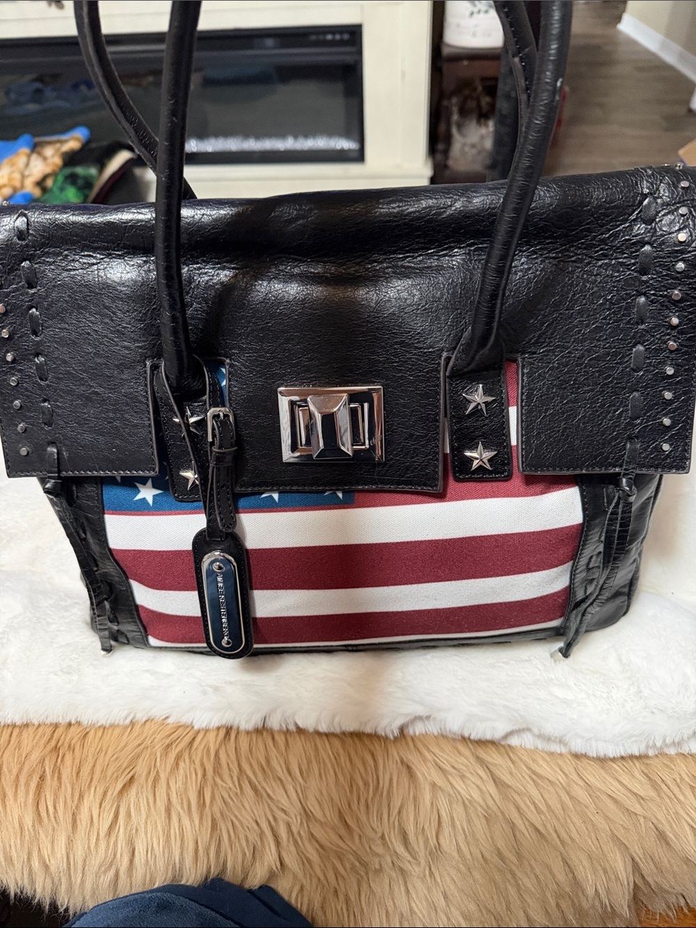 Aimee Kestenberg Black Leather American Flag Tote Bag Studded Satchel Handbag